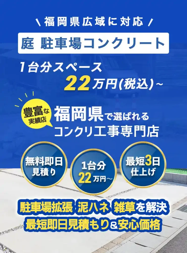 福岡県の庭・駐車場コンクリート工事専門店の広告バナー。1台分スペース22万円(税込)~。無料即日見積もり・最短3日仕上げ対応。福岡県で選ばれるコンクリート施工業者。駐車場拡張や泥はね・雑草対策にも対応。